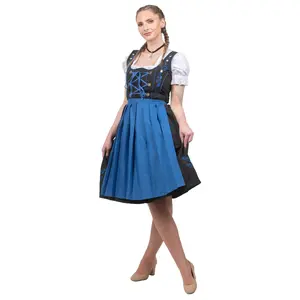 Authentic German Long Black Dirndl Dress Set with Blue Apron, White Crop Top Included