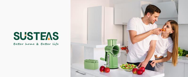 SUSTEAS Rotating Food Grater Chopper with Handle, with 5 Well-Designed Blades and Strong Suction Cup Base, Comes with 1 Blade Storage Box Vegetable Cutting Slicer Vegetable Slicer Dicer Kitchen Utensils Vegetable Fruit Cutter
