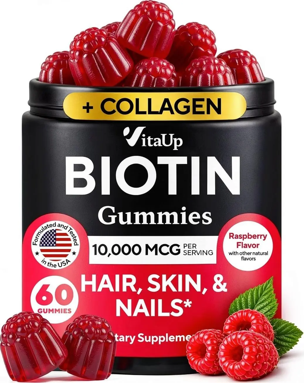 Biotin Gummies 10000mcg for Women and Men - Extra Strength Hair, Skin and Nails Gummies with Collagen - Natural Biotin Gummy Supplement for Hair, Skin, Nails Support - 60 ct