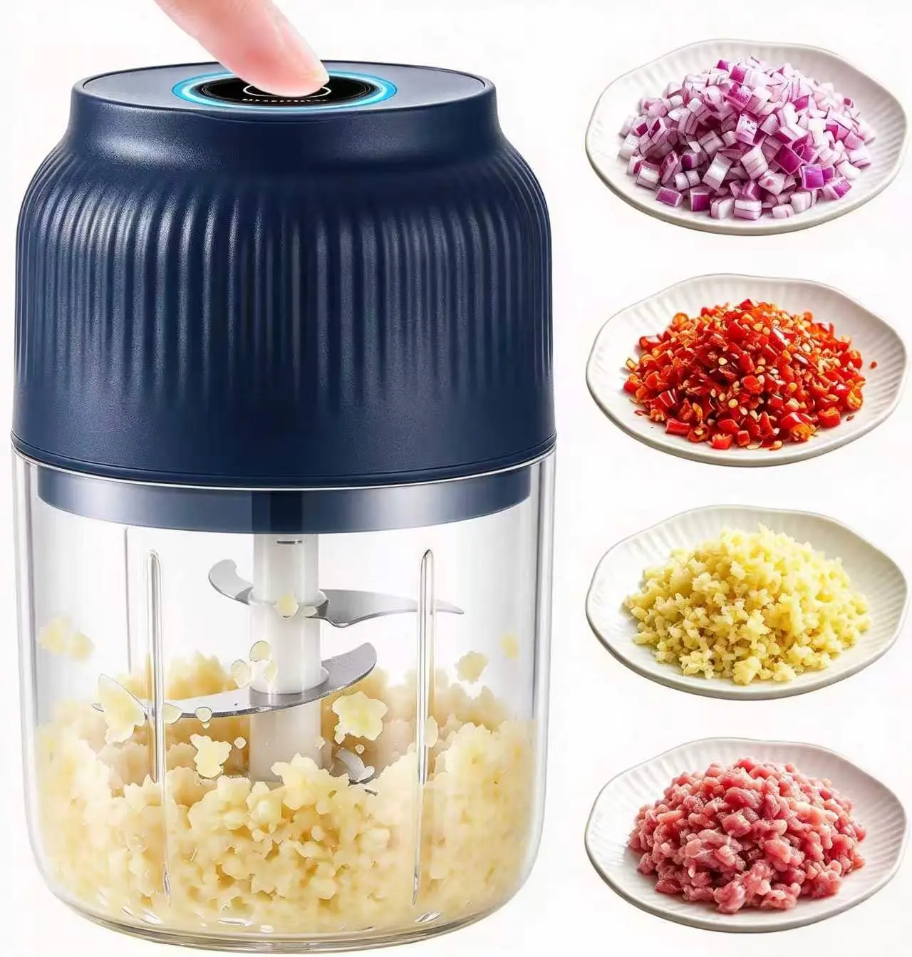 Cordless Electric Garlic Chopper - 4 Sharp Blades, 200ml Portable Kitchen Appliances, Reusable Food Processor for Veggies, Onions, Ginger (Kitchen Utensil Gadget), Reusuable