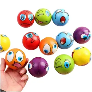 12 pieces of stress-relieving soft ball toys. Fun sponge stress-relieving balls. Squishable smiling face expressions. Plain foam plastic.