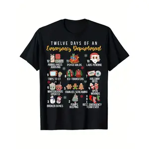 ER Nurse Christmas T-Shirt - 12 Days of an Emergency Department Humorous Graphic Tee, Soft 100% Cotton Short-Sleeve Shirt for Men & Women, Funny Holiday Gift for Healthcare Workers (Black) Casual Regular Fit Crewneck, Shortsleeve, Menswear