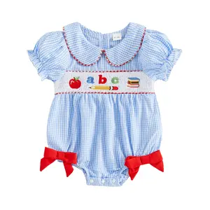 Baby Girl Plaid Romper Letter Book Apple Pencil Embroidery Doll Collar Infant Bodysuits Jumpsuits Back to School Outfit