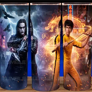 Brandon Lee and Bruce Lee - The Crow and The Dragon Cup Mug Tumbler 20oz Stainless Steel with Slide Closure Lid, Reusable Plastic Straw, Handmade Design - Drinkware Flasks Stylish