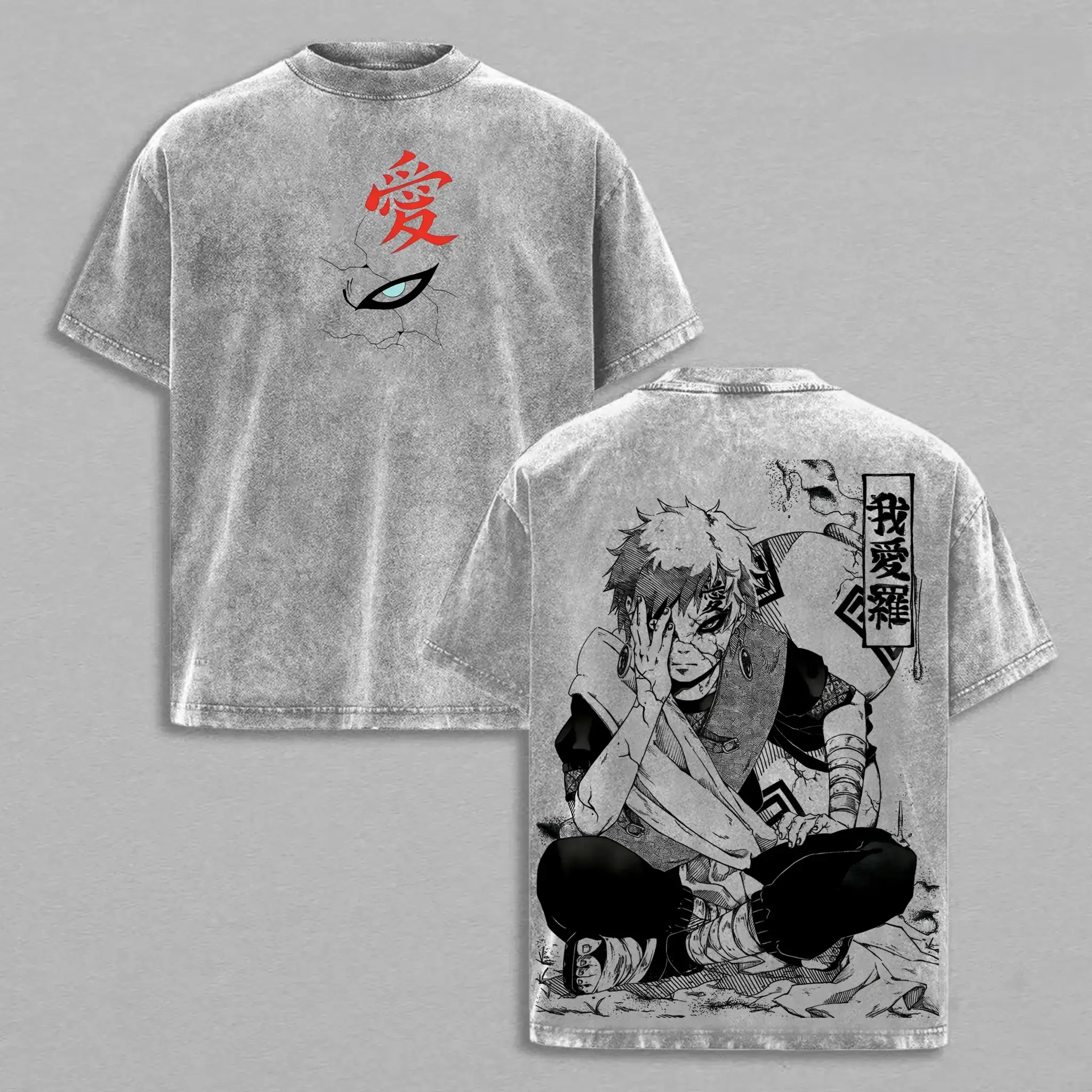 Men's Oversized T-Shirt, Vintage Washed Naruto Gaara Anime Graphic, Heavyweight 100% Cotton Unisex Short-Sleeve Top for Streetwear, Garment Dyed & Pre-Shrunk, Shortsleeve, Pre-Shrunken, Print, Naruto Graphic Men's Short-Sleeve T-Shirts, Manga Graphic Men'