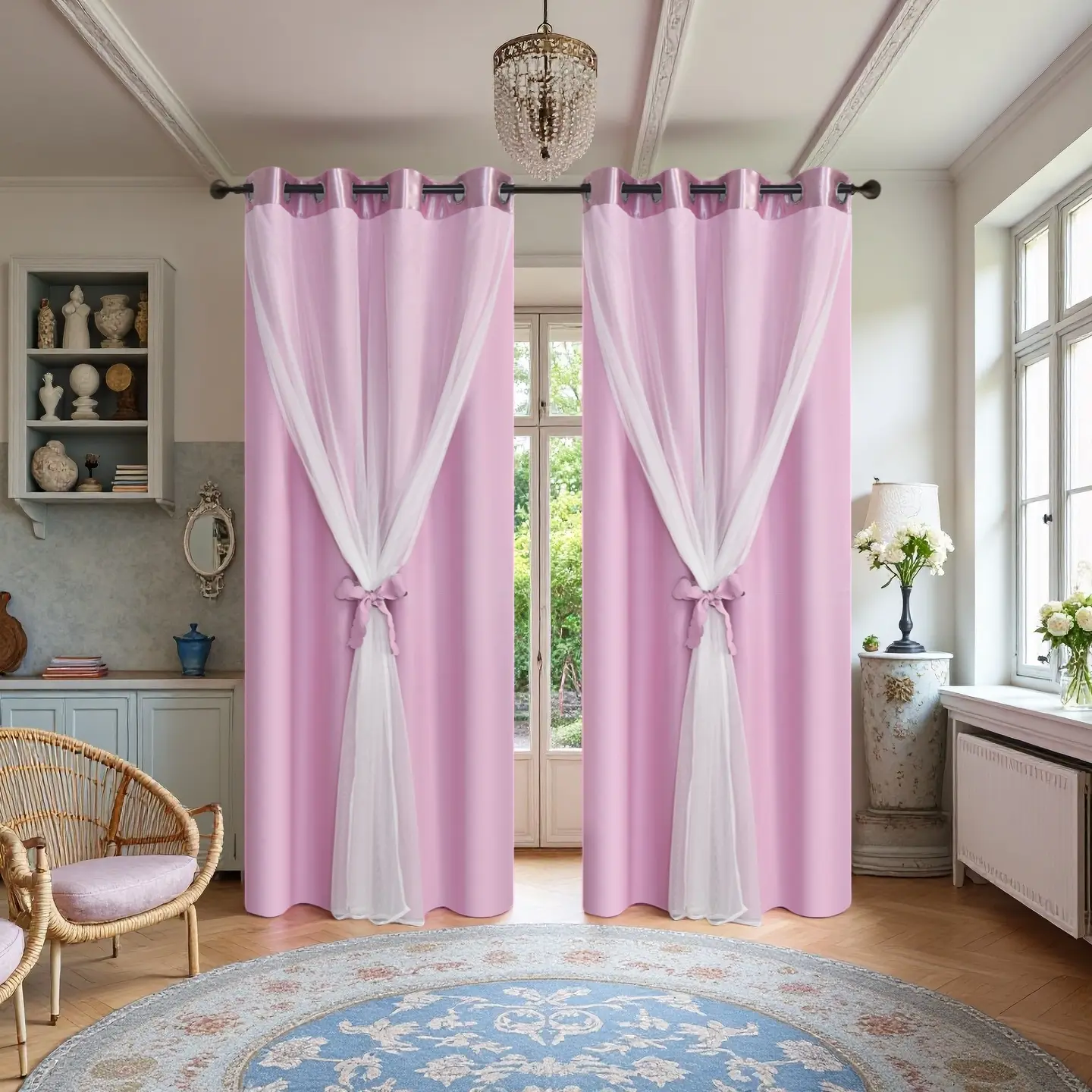 Safety Double Layer Curtain Set - 2-Pack Grommet Top Sheer & Blackout Panels for Mix & Match Style, Blackout Cloth Thermal Insulated Privacy Grommet Window Curtains for Bedroom Home Decoration, Home Decoration Curtain