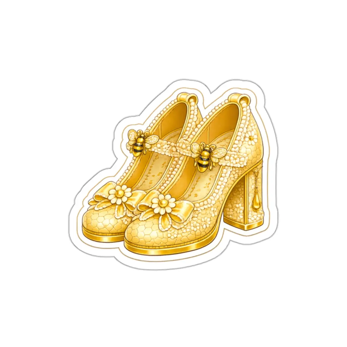Bumblebee Golden Mary Jane Heels Die-Cut Sticker — Vintage Glam Shoe Sticker for Laptops, Planners & Gifts