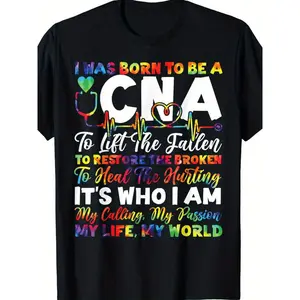 High- Quality Cotton CNA T- Shirt for Nursing Assistants - Crew Neck, Casual Knit Fabric with Stretch, Regular Fit, Patterned Design with Nursing Graphics, Washed Material, Random Print Tops for Healthcare Professionals