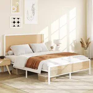 Full Size Rattan Platform Bed Frame with Led Light Headboard, Modern Style Cane Boho Bed Frames with Sturdy Steel Slat Support, Heavy Duty Bed Frame, No Box Spring Needed,White
