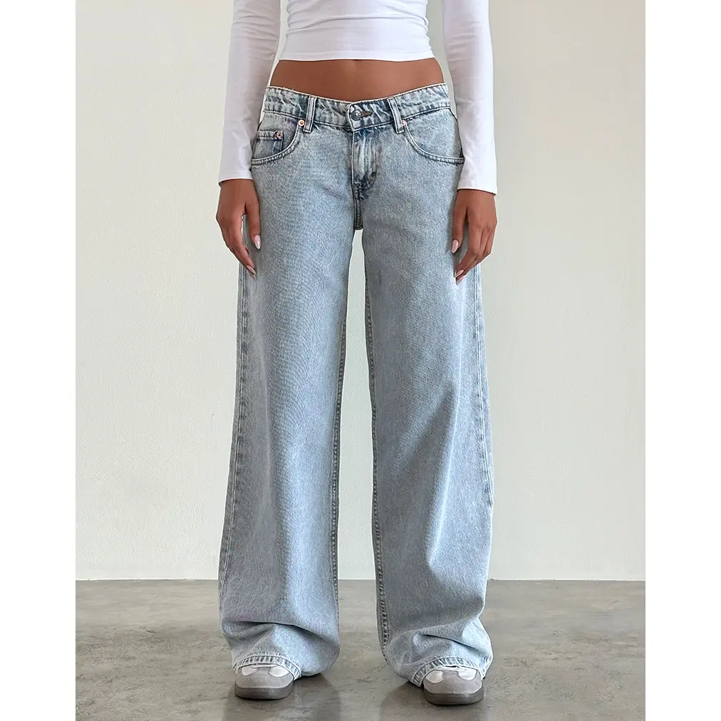 Motelrocks Women's 80's Baggy Wide Leg 5-Pocket Jeans, Low Rise Streetwear Fit in Light Wash Recycled Cotton Denim, Fabric