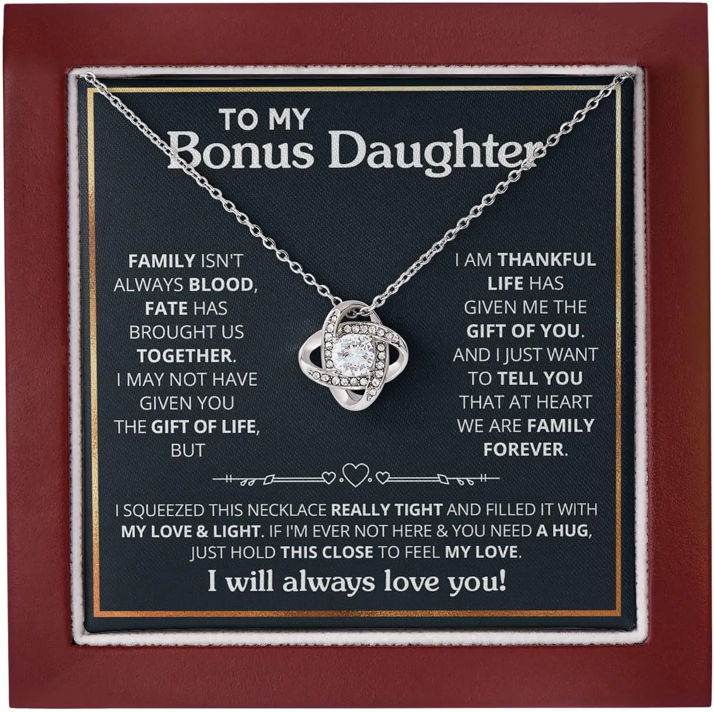 To My Bonus Daughter Necklace From Stepdad, Bonus Daughter Gifts From Stepmom, Jewelry Gifts For Stepdaughter On Wedding Day Birthday Graduation, Stepdaughter Necklace With Heartfelt Message & Elegant Box