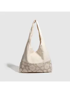 Women's Beige Cotton Hobo Bag - Lace Crochet Patchwork Shoulder Bag, Boho Large Capacity Tote for Daily Use