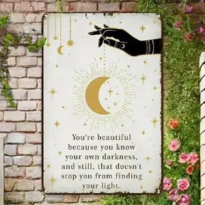 1pc Vintage Moon and Stars Metal Wall Decor - Celestial Night Sky Signage with Inspirational Quote, Beige & Golden Retro Decoration - Durable Aluminum Plaque for Living Room, Bedroom, Kitchen, Bar - Easy Hang Installation No Wiring Needed - Perfect Housew