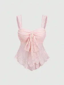 Romantic Lace Camisole Top for Women, Thin Straps, Butterfly Knot Front, Ruched Bust, Summer Fashion, Slim-Fitting, Plain Pattern