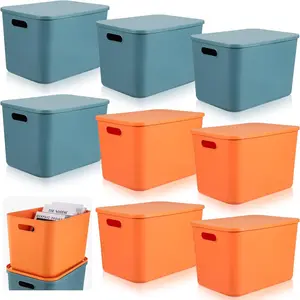 8 count Colorful Storage Bins with Lid, Plastic Storage Basket Organizing Container Stackable Box with Handle for Shelves Desktop Playroom Office(14.2 x 10.2 x 9.5 Inch,Blue and Orange)