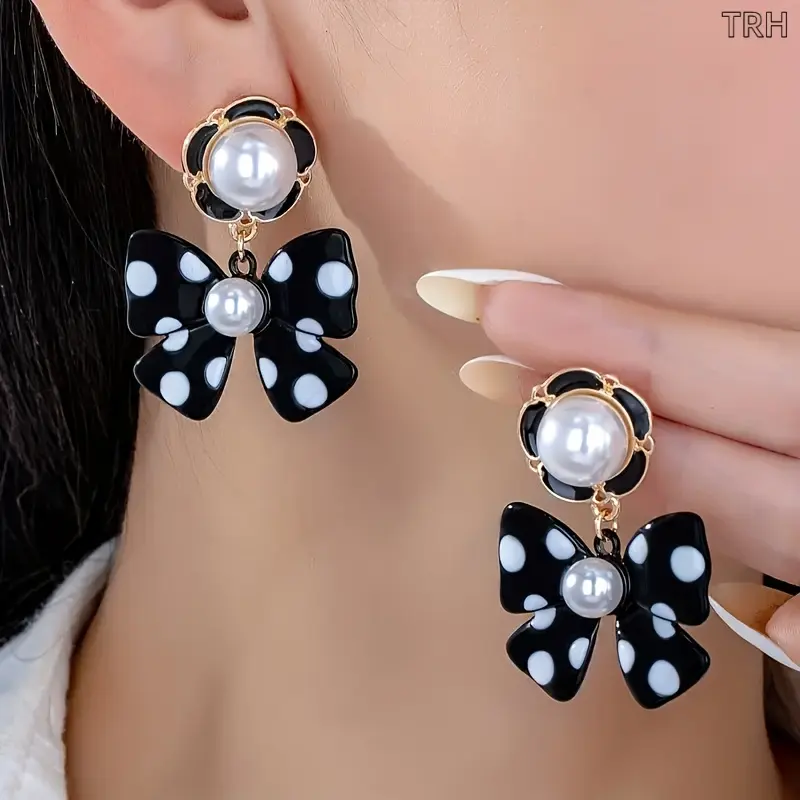 Vintage Polka Dot Bow Faux Pearl Drop Earrings for Women, Elegant Black White Enamel Dangle Studs, Lightweight Classic Fashion Jewelry for Daily Wear Date Night Party Outfits