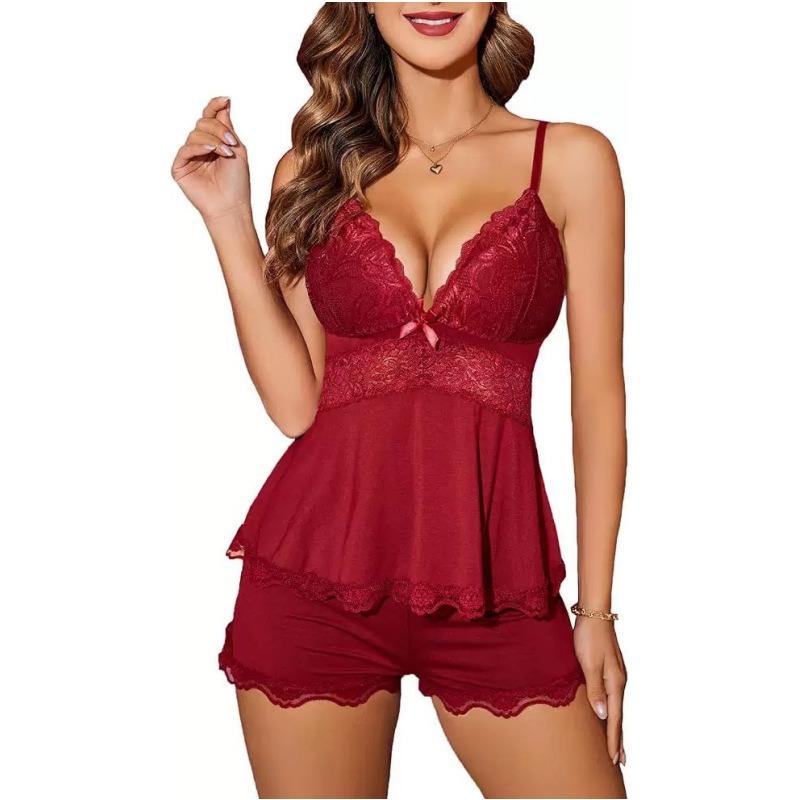 Women Lace Cami Pajama Set, V Neck Spaghetti Strap Sleepwear, Lace Trim Tank Top & Shorts Lingerie Set, Soft Milk Silk Nightwear, Casual Two Piece Loungewear for Bedroom
