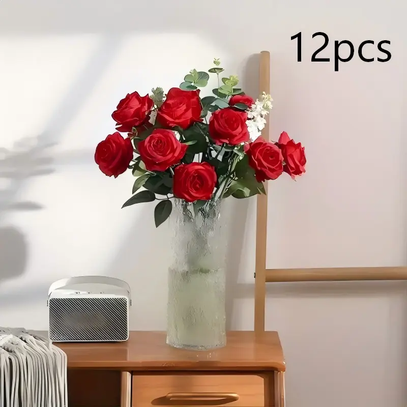 12pcs Silk Artificial Roses, Realistic Fake Rose Flowers for Wedding Bouquet, Valentine's Day Gift, Home Decoration & Photography Props