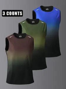 Men's Summer Quick-Dry Sports Vest, Gradient Color Design, Running Fitness Sleeveless T-Shirt, Casual Short Sleeve Training Clothes, 3-Pack