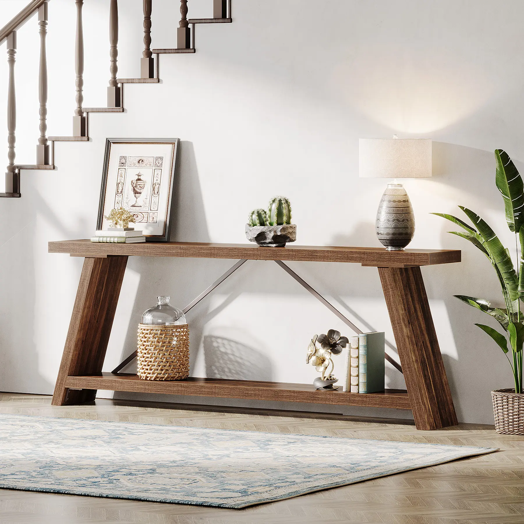 LITTLE TREE 70.9 Inches Extra Long Sofa Table Behind Couch, Industrial Entryway Console Table with Storage for Hallway, Entry, Living Room, Dark Walnut Brown