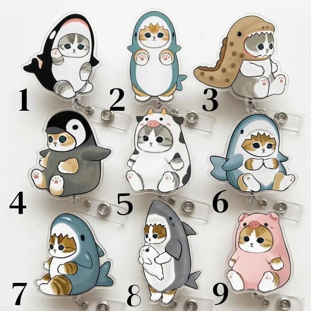 Cute Cat Costume Badge Reel Retractable ID Badge Holder Kawaii Animal Cosplay Clip Nurse Teacher Gift for Women Cat Lover Multiple Styles