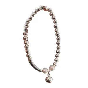 Explorinox Faux Pearl Bracelet for Women Copper Alloy Bead with Elegant Pendant 16cm Daily Wear Jewelry for Holidays Anniversary Gift