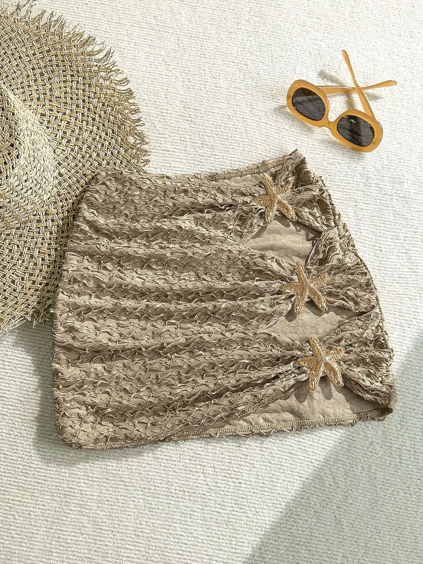 Women's Textured Crinkle Knit Mini Skirt, Bottom, High Waist, Side Starfish Embellishment, Bodycon Fit, Stretchy Breathable Fabric, Fashion Casual Skirt, Beach Vacation, Daily Casual & Date Wear, Bodycon Fitted Skirt, Beach Party Skirt