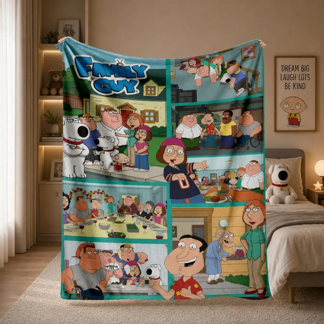 Family Guy Griffin Family Collage Print Flannel Throw Blanket - Knitting, Breathable, Soft Warm Fuzzy - Peter Lois Stewie Brian Quagmire Adult Cartoon Art - Ideal for Living Room Decor, Gamer Room - Modern Tropical Birthday Gift