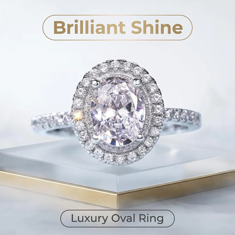 Classic Elegance Double Halo Engagement Ring with Pavé-Set Cubic Zirconia, Geometric Look on a Copper Base for Women, Anniversary Fit, Gifts For Women, Elegant