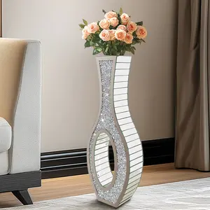 30" Tall Silver Mirrored Floor Vase with Crushed Diamond Standing Flower Vase