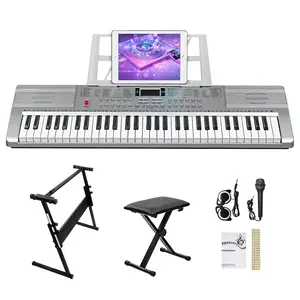 GEP-110 61-Key Light-Up Keyboard Set with Stand Bench & Accessories Digital Piano Electronic Keyboard 200 Timbres 200 Rhythms 60 Demo Songs Silver Color