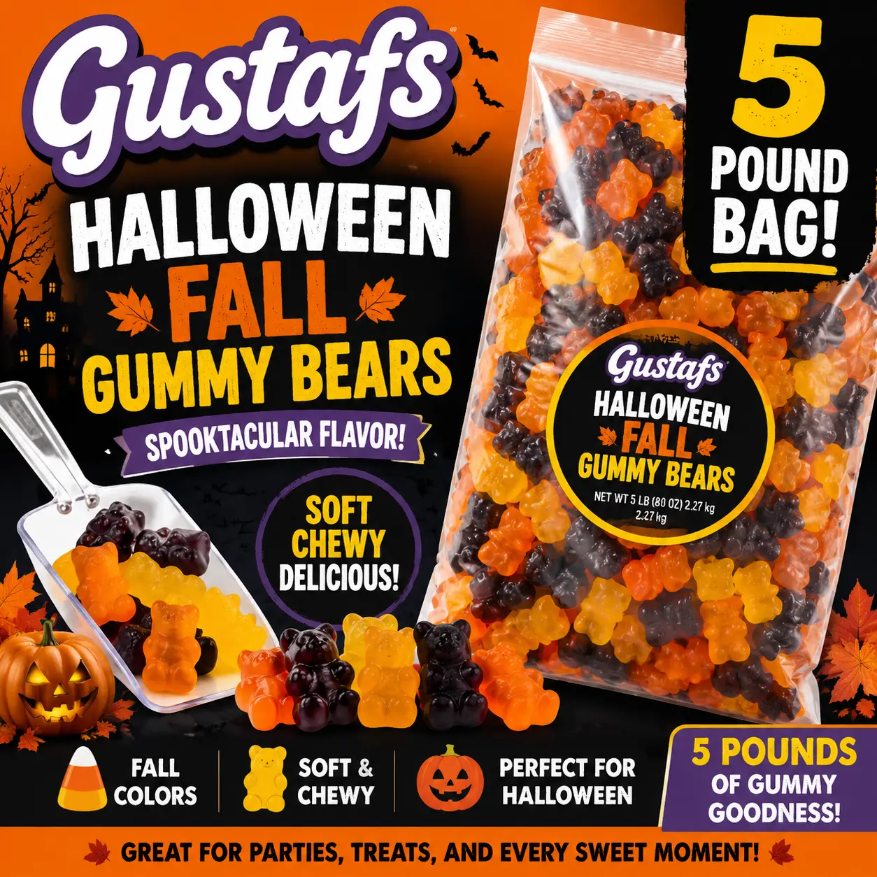 Gustaf's Halloween Fall Gummy Bears 5 lb Bag  Assorted Fall Colors & Flavors Gummy Candy | Bulk Party Treats & Candy Buffets
