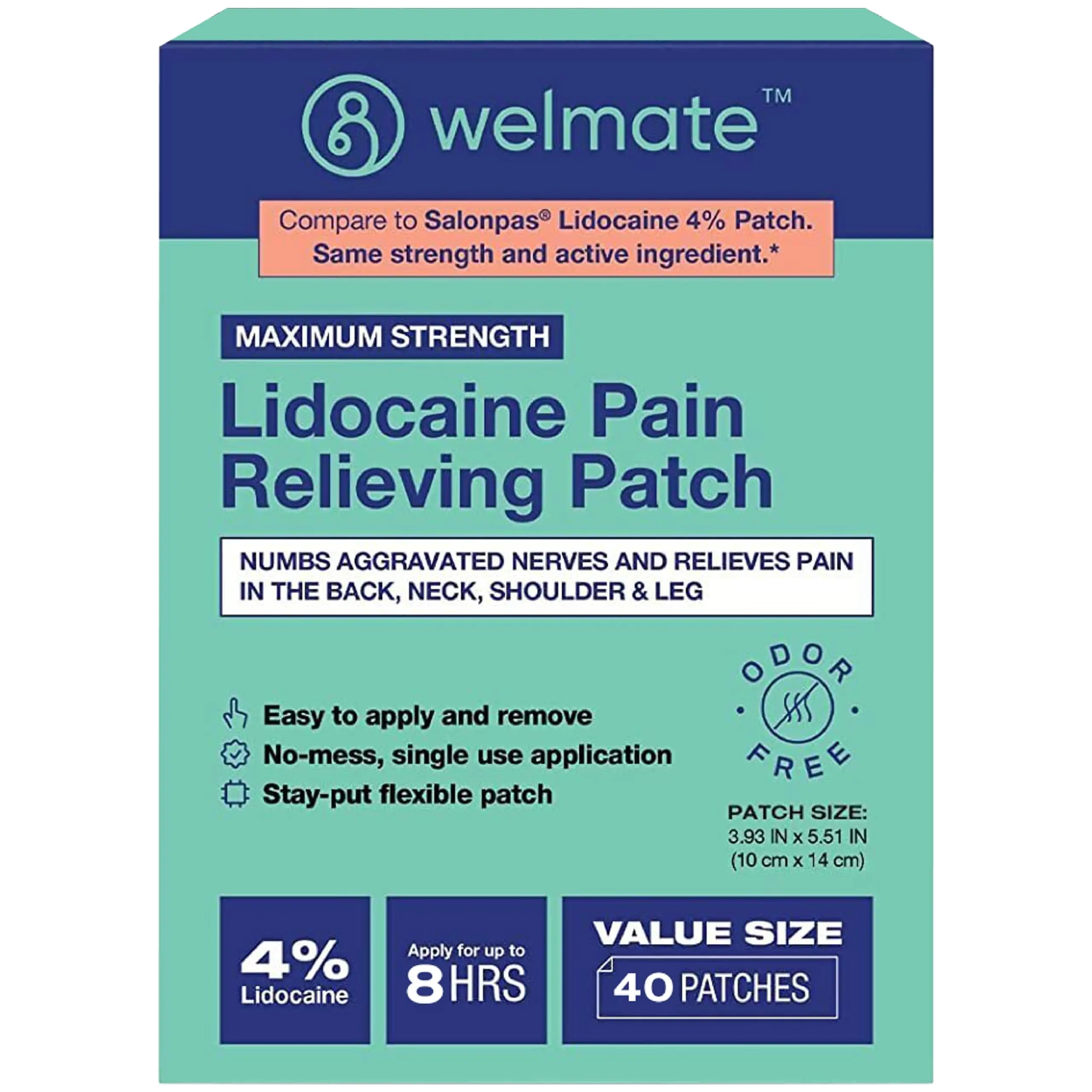 WELMATE 4% Lidocaine Pain Relief Patches, 40 Patches - Maximum Strength Odor Free Numbing Patch for Back, Neck, Shoulder and Knee