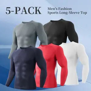 Men's Clothing 5-Pack Solid Color Round Neck Long Sleeve T-Shirts, Quick-Dry Breathable Activewear for Outdoor Sports and Gym Fitness, Workout Shirts, Fitness Apparel, Round Neck Tee Athletic Top