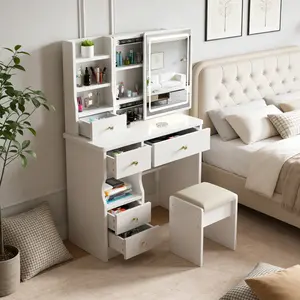 Vanity table set with mirror and lights, featuring 5 drawers, adjustable light bulbs with 3 color modes, and a matching chair, suitable for women's and girls' bedrooms (White)