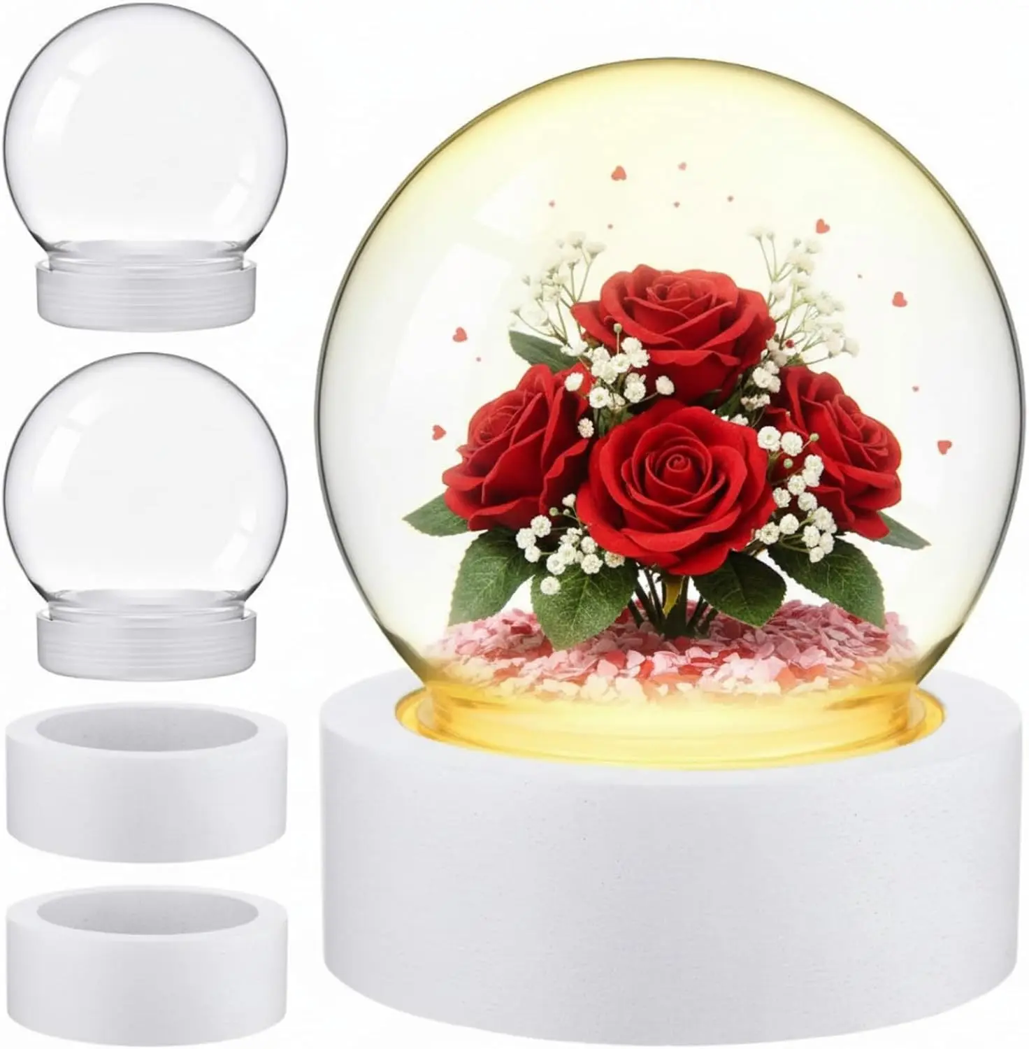 Irenare 2 Set Valentines DIY Snow Globes Set Warm Light Make Your Own Snow Globe with LED Light White Wooden Base Clear Plastic Globe Kit for Valentine Christmas Decor Gift