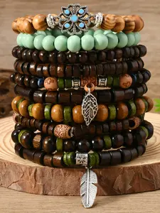 10 Pcs Bohemian Wood Bead Bracelets Set, Unisex Casual Jewelry, Stackable Bracelets, Perfect for Daily Wear, Parties, Gifts for Boyfriend/girlfriend