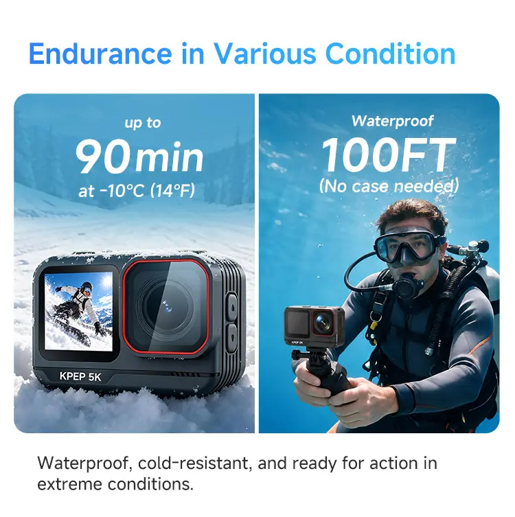 KPEP Real 5K Action Camera, 1/2.86" Sensor, 5K Cinematic Video, Hyper Stabilization, Drop-Proof & Waterproof Up to 100 Ft, Great for Motorcycle, Bike Riding, Running, Climbing, Beach Trips, Water Sports  Daily vlogging camera