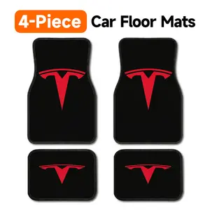 4-Piece Tesla Black Car Floor Mats with Red Tesla Emblem Universal Fit Auto Floor Liner All Weather Protection Non-Slip Carpet, Tesla Themed Floor Mats for Tesla Owners