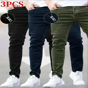 3 Packs - Cost-effective Men's Jeans Street Style Trendy Slim Fit Wearable In All Seasons, Casual Wear Bottoms, Daily Outfit Essential, Regular Length Jeans, Solid Color Enthusiasts, Budget-Conscious Shop fashionable  jeans Menswear Spandex