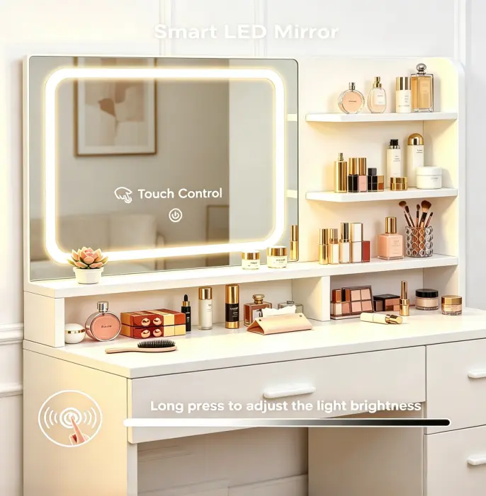 Minimalist White Makeup Vanity Set with LED-Lit Mirror, Drawer-Storage Makeup Table, Cushioned Stool, Suitable for Teens & Adults, Ideal for Home Bedrooms light