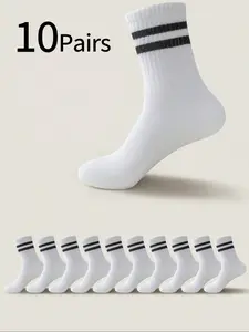 10 Pairs Teen Girls Striped Two Bars Socks, Spring Fall Outerwear Korean Style Casual Sports Mid-Calf Socks, Match Casual Sneakers, Casual Stylish Socks