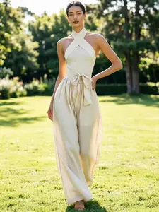 Women's Fashion Comfortable Jumpsuit, Tie-Back Cross Halter Sleeveless Front Tie Wide Leg Loose Fit Waist Cinch Casual Jumpsuit