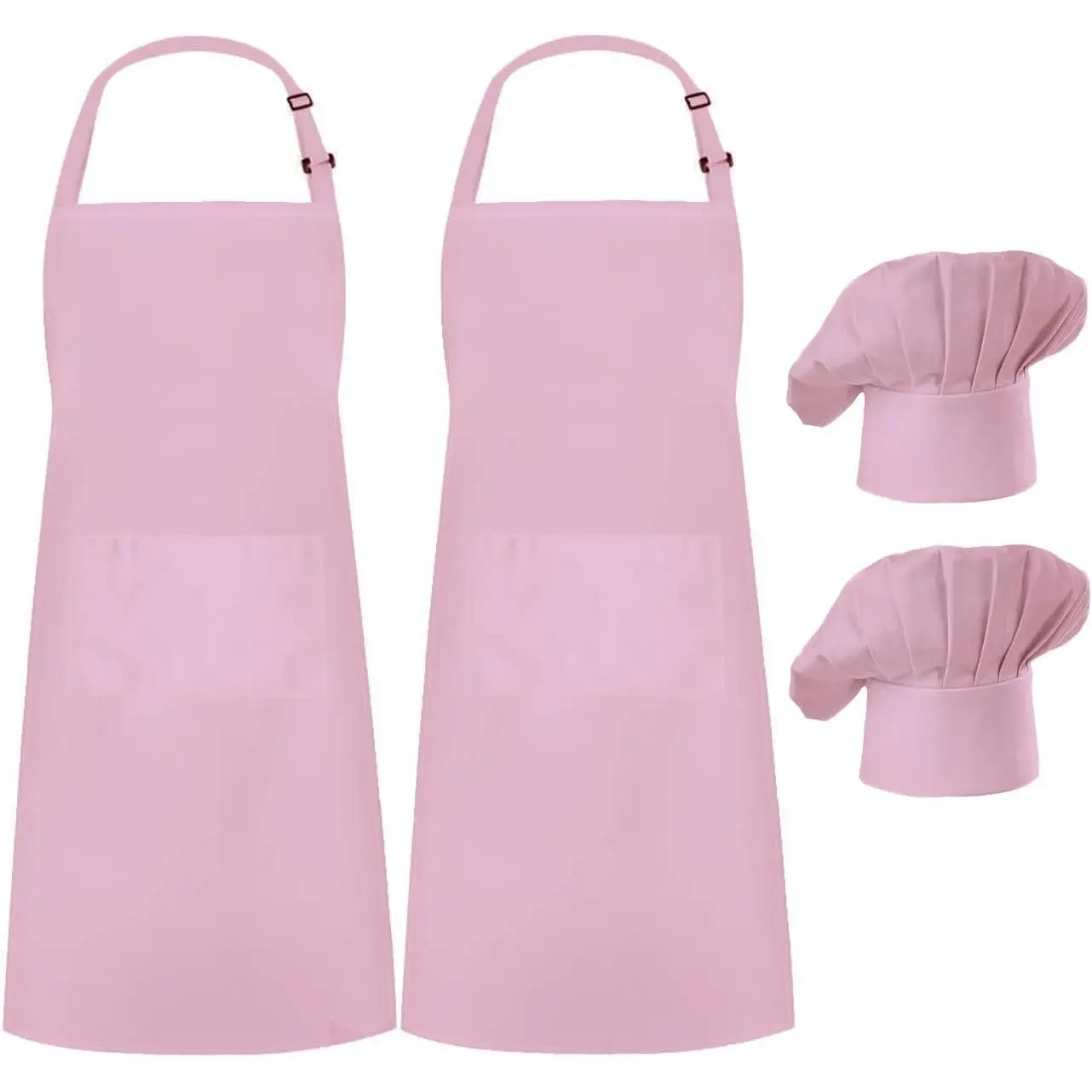 2 Pack Chef Apron Hat Set, Adjustable Bib Cooking Aprons Baker Costume with Pocket Kitchen for Girls Mon Women Men Mothers , Pink
