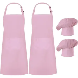 2 Pack Chef Apron Hat Set, Adjustable Bib Cooking Aprons Baker Costume with Pocket Kitchen for Girls Mon Women Men Mothers , Pink