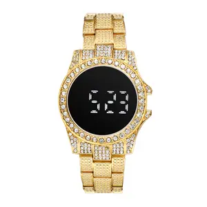 OIDEA Unisex Touch LED Watch, Crystal-Studded Case, Year Month Date Display, AM/PM Mode, Gold-Tone Alloy Band, Splash-Resistant