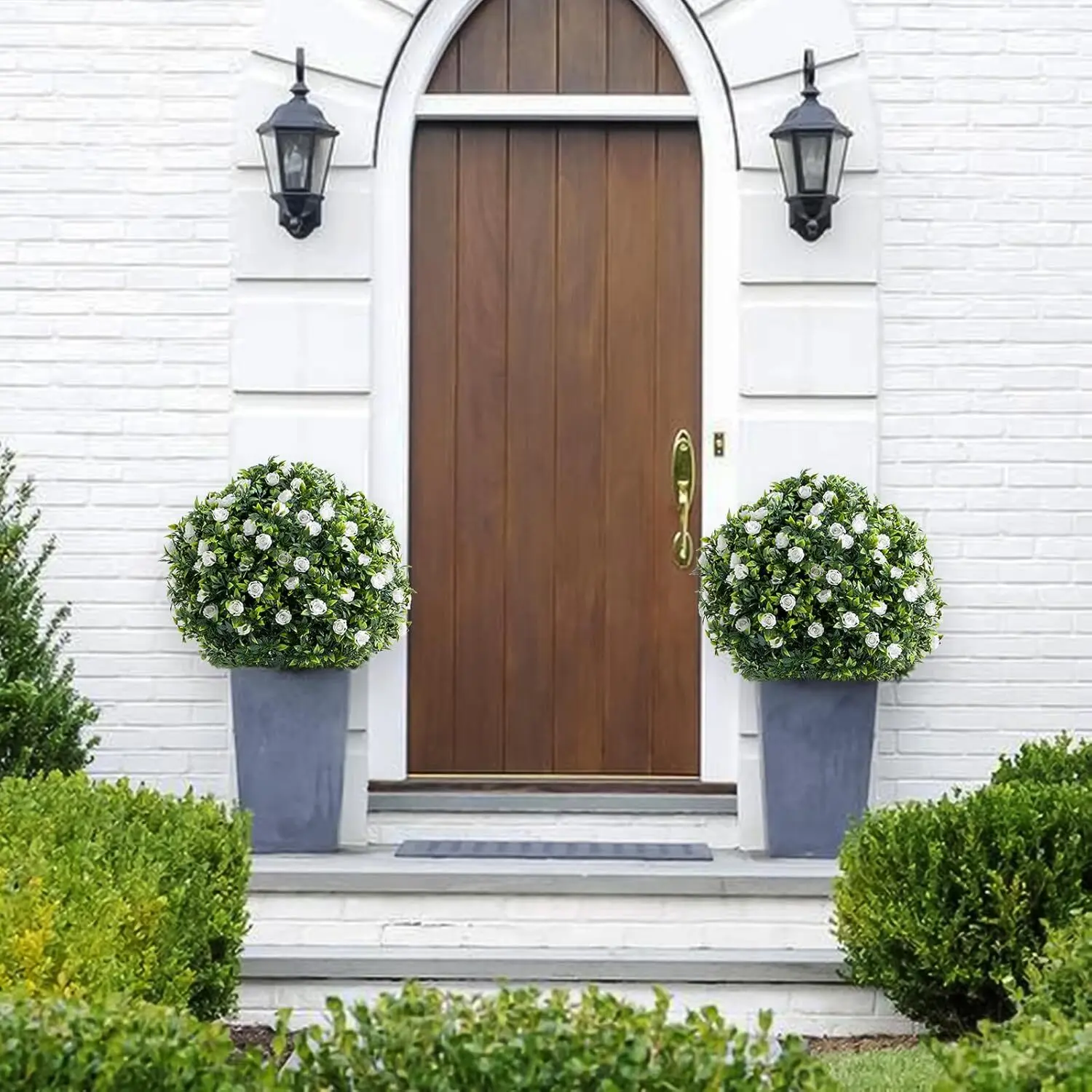23in PE Hyperrealism Artificial Rose Flower Balls (2-Pack) with Metal Ground Spikes, UV-Protected Boxwood-Infused Decorative Flowers, Ideal for Patios, Offices & Housewarming Gifts