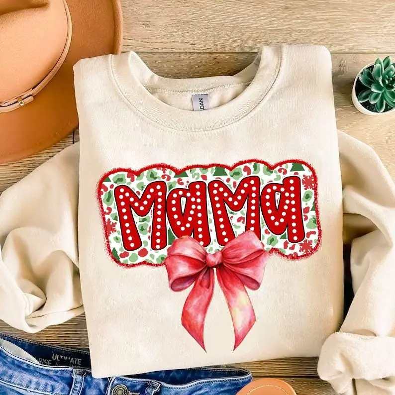 Christmas Mama Coquette Sweatshirt, Mama Christmas Shirt, Merry Mama T-Shirt, Mom Christmas Tee, Matching Family Xmas Shirt, Gift For Mom H9