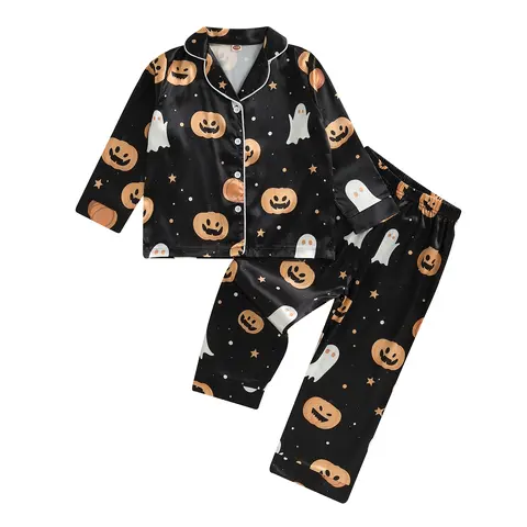 REDWOON Kids Boys Pajamas Baby Short/Long Sleeve Pumpkin Ghost Print Button Down Tops Pants Satin Silk Toddler Halloween Pajamas