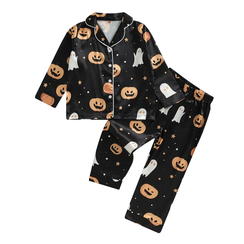 REDWOON Kids Boys Pajamas Baby Short/Long Sleeve Pumpkin Ghost Print Button Down Tops Pants Satin Silk Toddler Halloween Pajamas